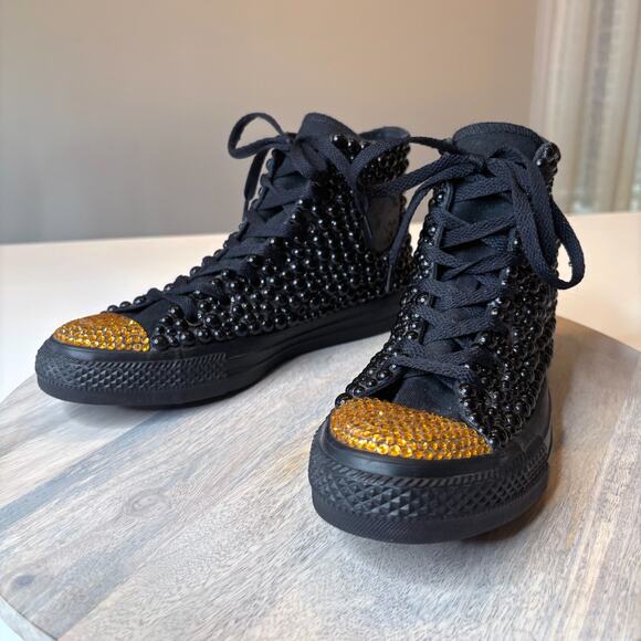 Converse Women's Black and Gold Bling Rhinestone All Star Sneakers US Size 8 - Picture 4 of 12